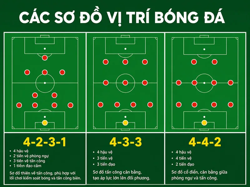 Các sơ đồ như 4-3-3, 4-4-2, 4-2-3-1 hay 3-5-2 thể hiện cách 10 cầu thủ ngoài thủ môn được bố trí trên sân.